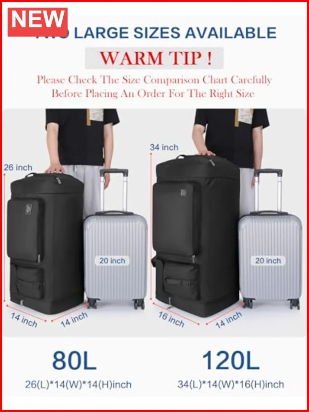 120L Travel Duffle Bag with Shoes Compartment, Foldable, Waterproof